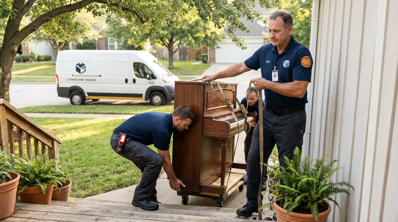 Licensed piano movers securing grand piano in Windsor, ME