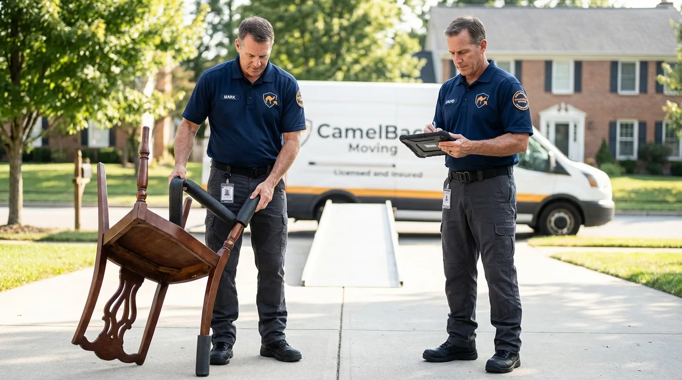 Movers inspecting furniture for damage prevention before loading in Windsor, ME
