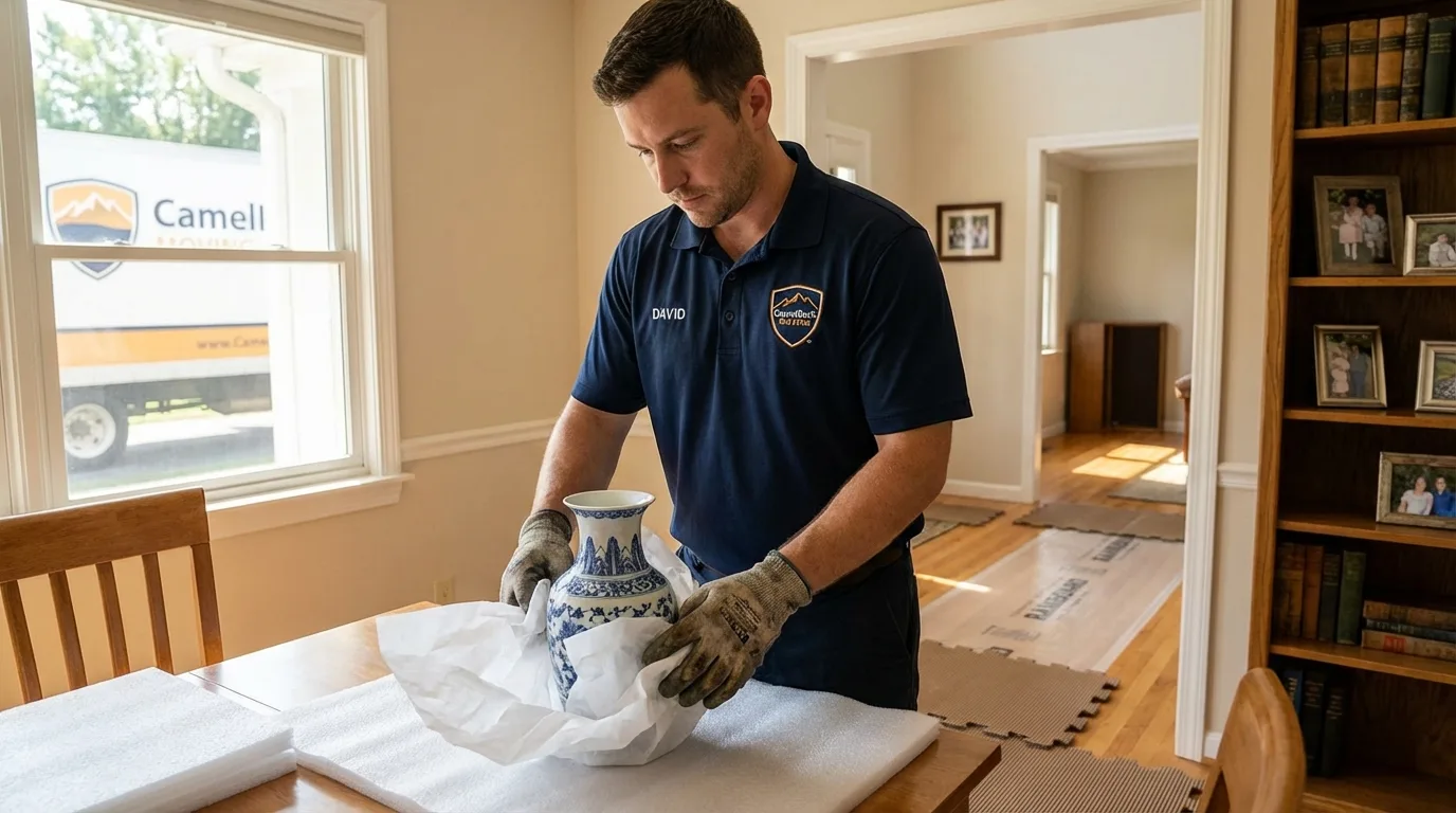 Professional crew carefully wrapping antique vase for senior downsizing move in Windsor, ME